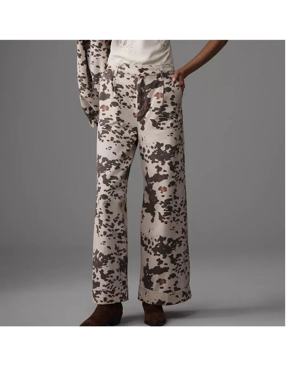 Pilcro Wide-Leg Printed Satin Pants in Cream and Brown